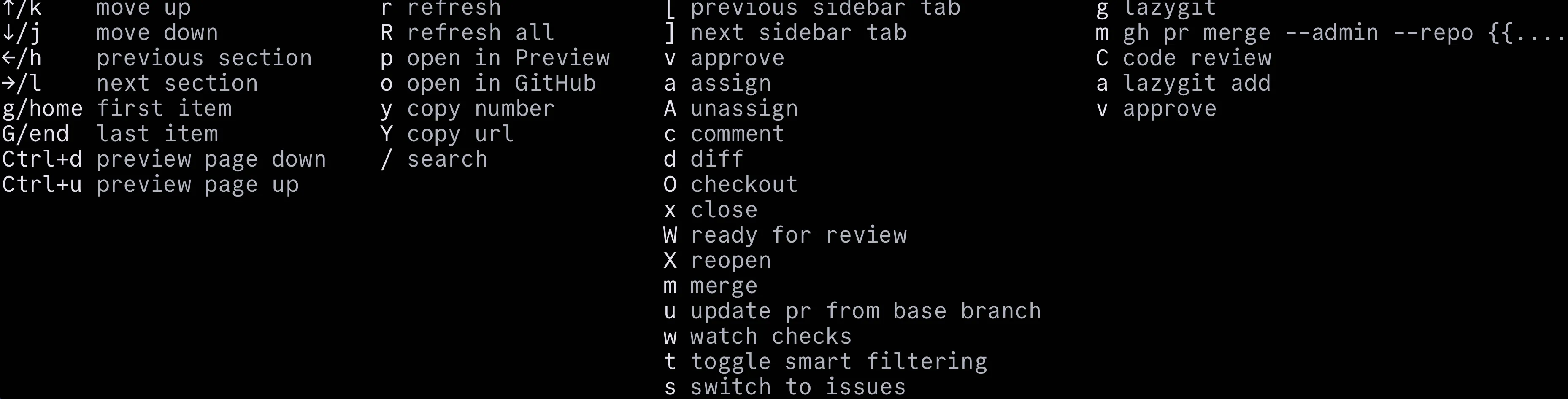 screenshot of dash with the help menu open, you can see all the keybindings for PRs and what they do.